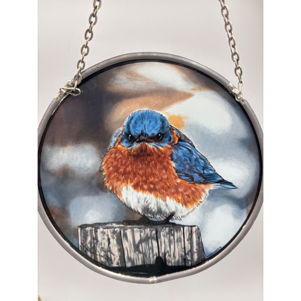 Glassmasters Eastern Bluebird Suncatcher Hand Painted Stained Glass 6" Round